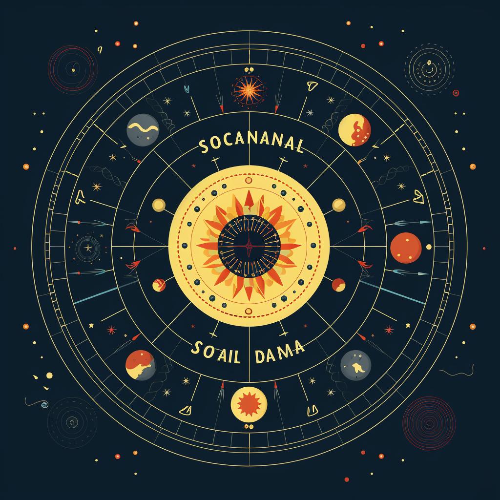 A natal chart with the sun, moon, and ascendant highlighted